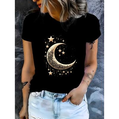 Damen Sternenhimmel und Mond Print T-Shirt Elegantes Rundhals Kurzarm Oberteil Himmlisch Bedrucktes Mode Sommer Freizeitkleidung