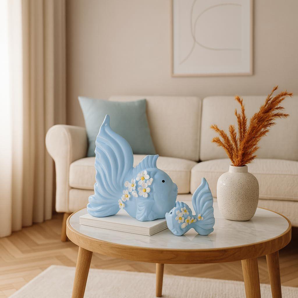 Modern Minimalist Sky Love Fish Art Figures | Beautiful Home Decor- (Set of 2 pc, Sky)