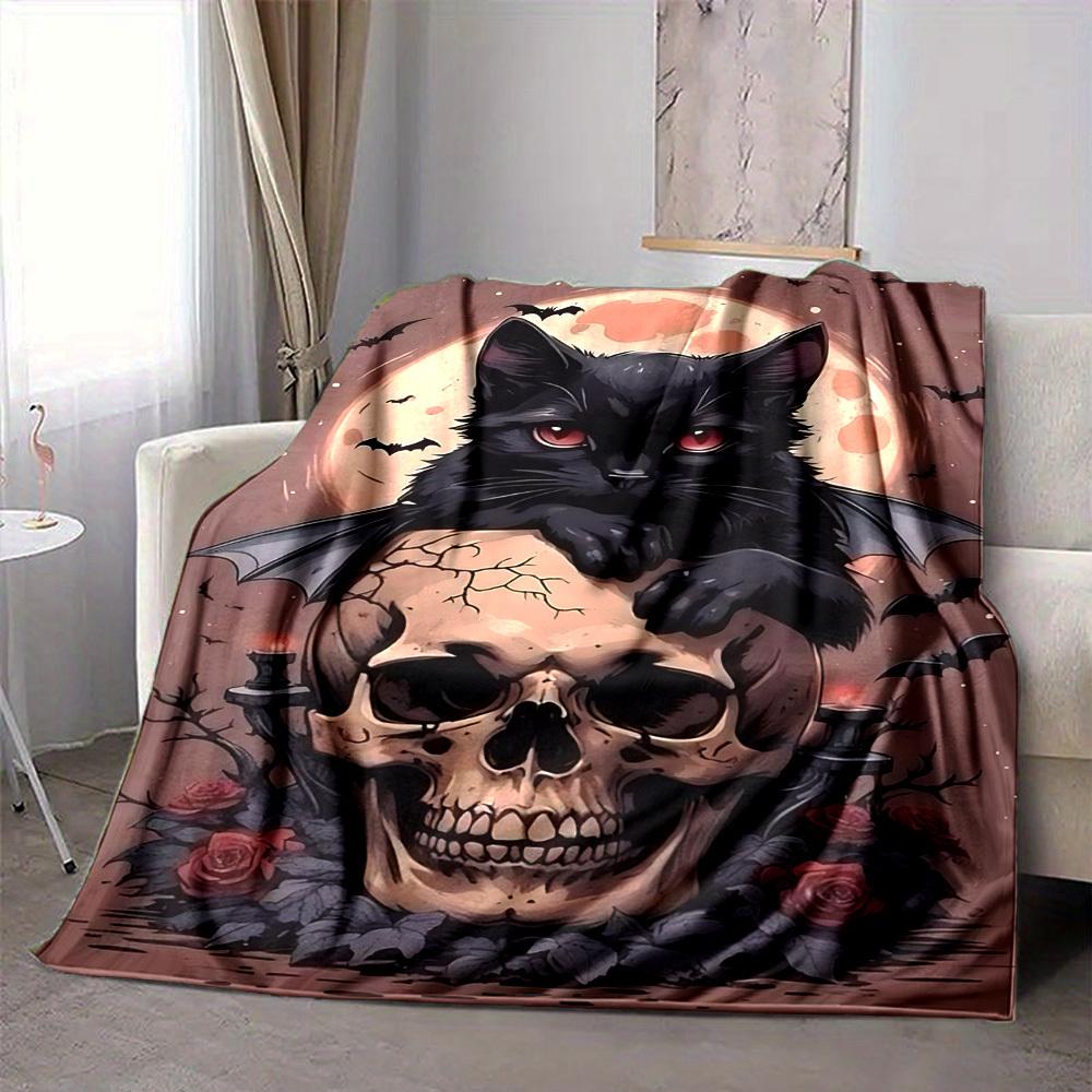 1pc Cat, Halloween Skull Blanket Lightweight Flannel Blanket Throw Blanket For Sofa, Bed, Travel, Camping, Livingroom, Couch, Chair, And Bed yy2509026