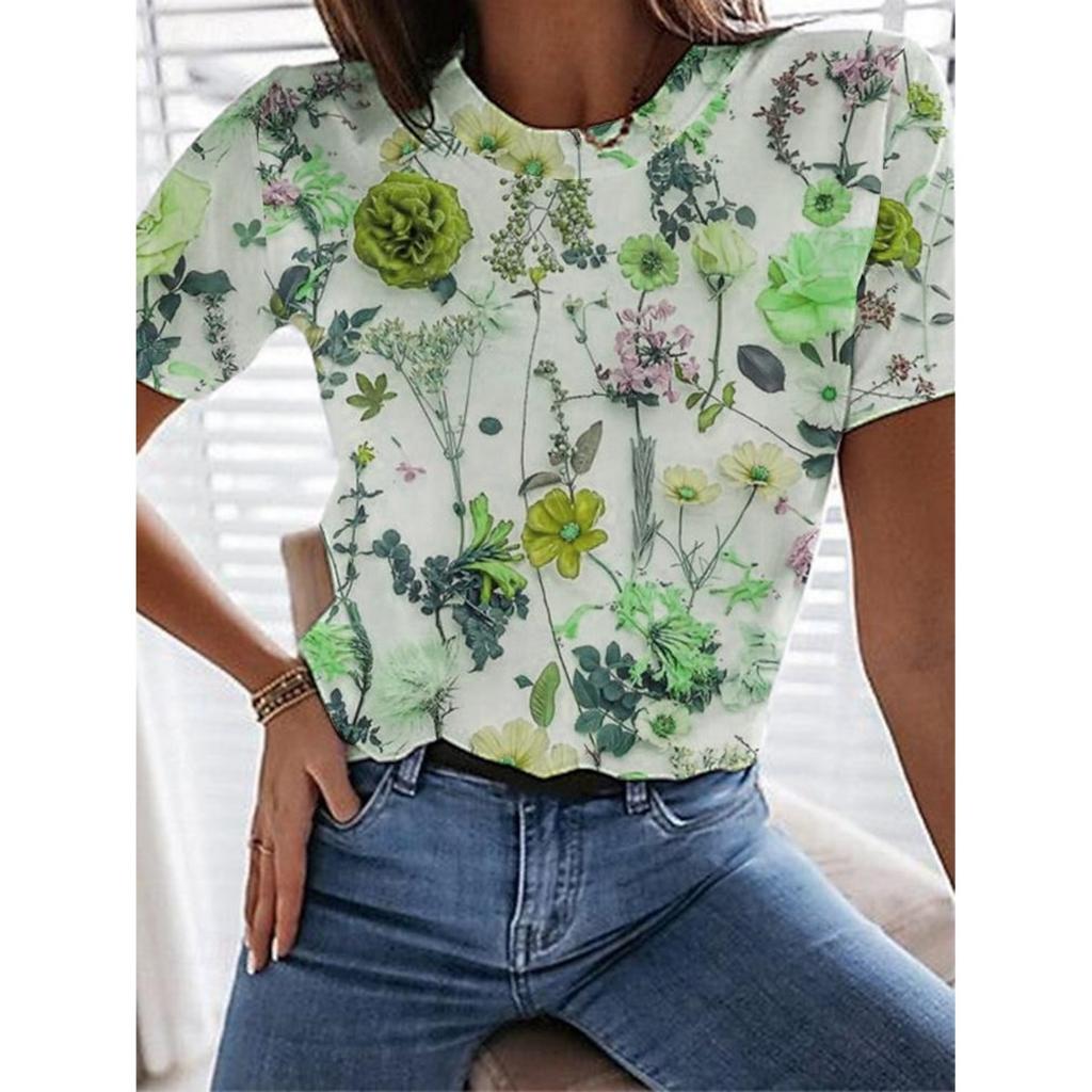 Summer Women's T Shirt Tee 3d Print Flower Casual Daily Short Sleeve Tops Fashion Round Neck T Shirts for Women Floral Graphics