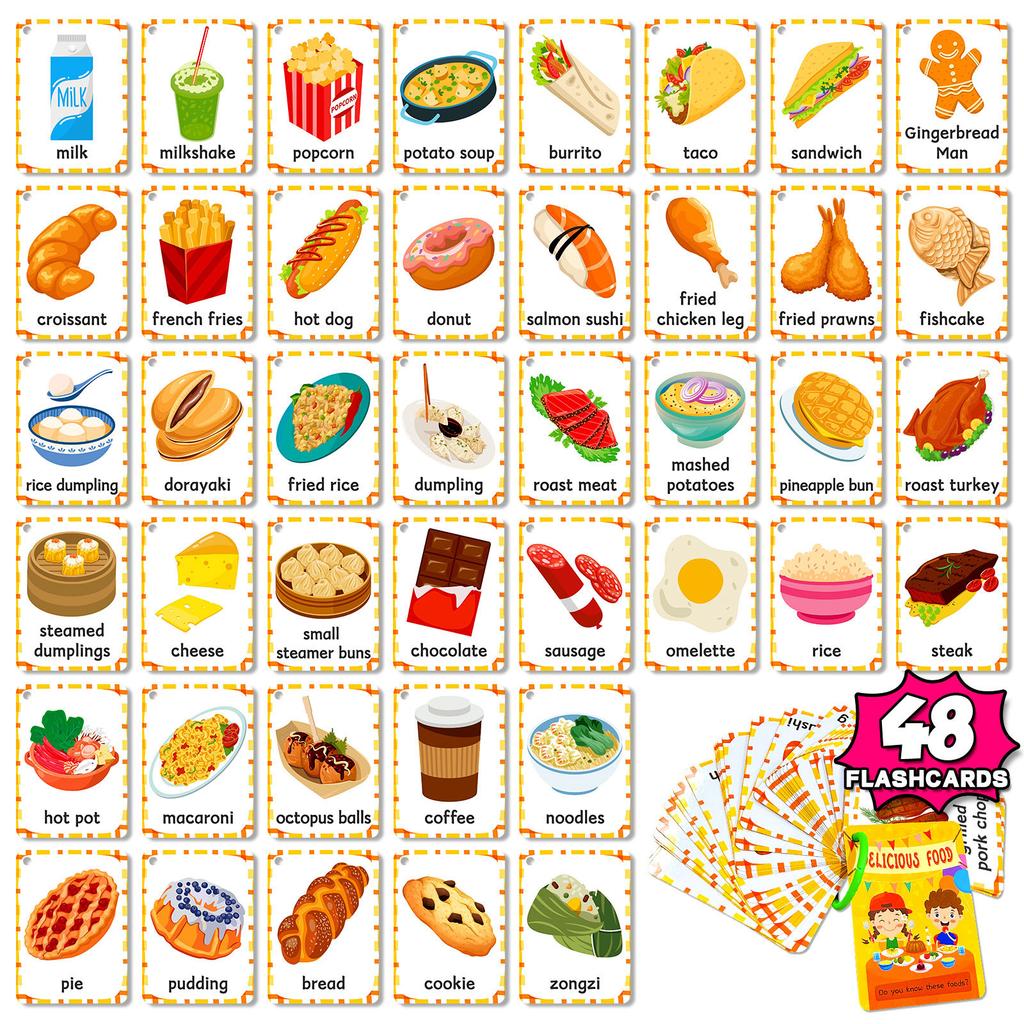 48PCS Food Cognition Flash Cards Children's Early Education Burger Cake Recognition Paper Card English Learning Educational Toys