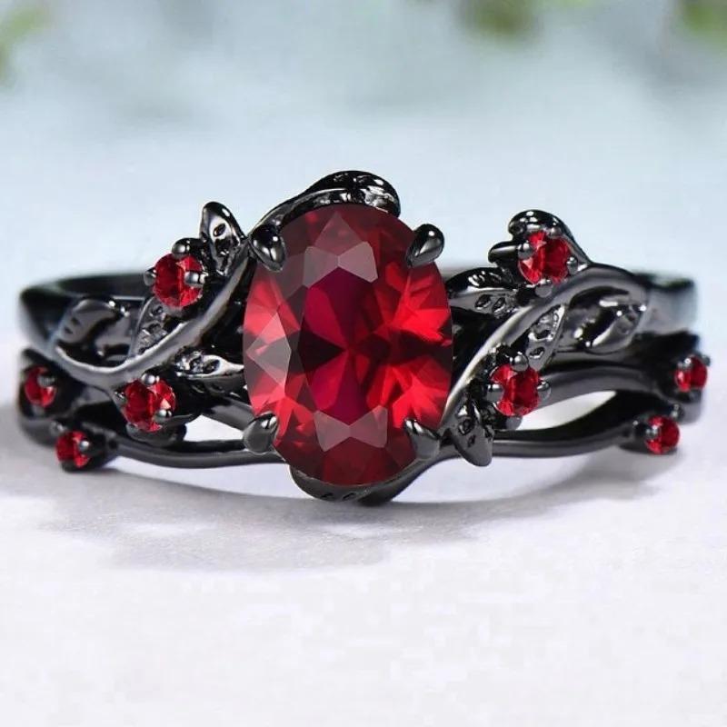 2Pcs/Set Fashion Black Gold Color Red Rhinestone Zircon Rings For Women Full Crystal Rings Wedding Engagement Jewelry Gifts