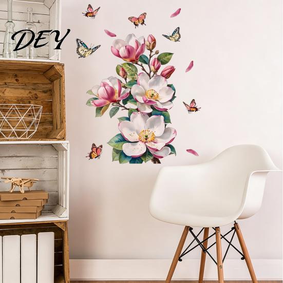 Gentle Style Room Wall Decor Magnolia Butterfly Decal, Self Adhesive Waterproof Home Sticker for Window Cling Stickers Living Bedroom, Elegant