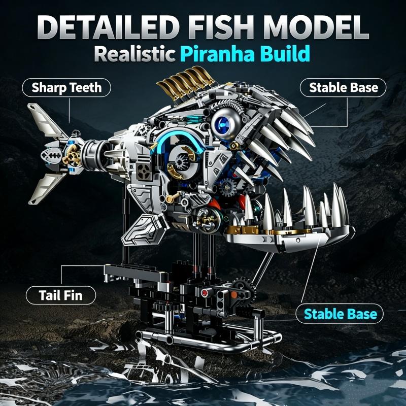 Mechanical Piranha Building Blocks Kit,LED Light With Display Stand,Collectible Assembly Model For Adult Hobbyists