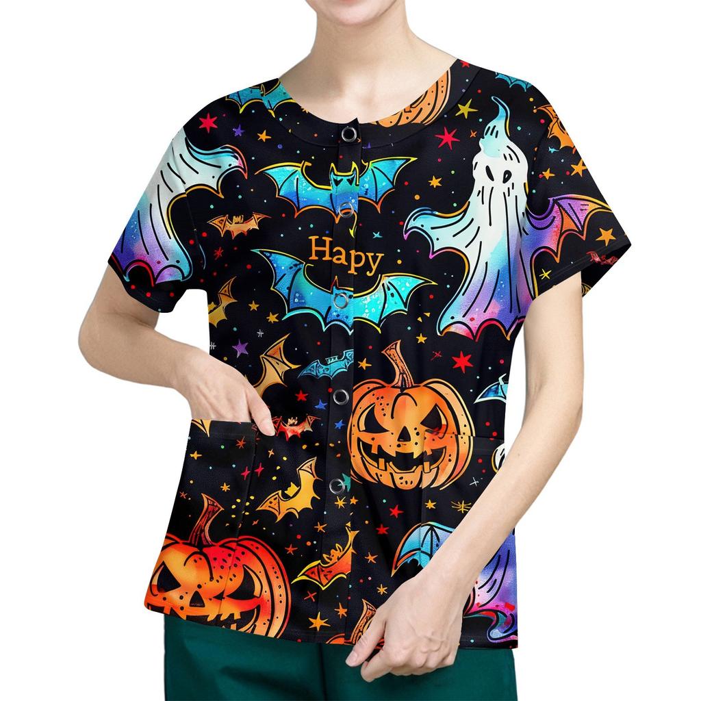 Women's Short Sleeved Patterned Pockets, Work Print Stand Up Collar, Single Breasted Protective Clothing, Cardigan Jacket, Top