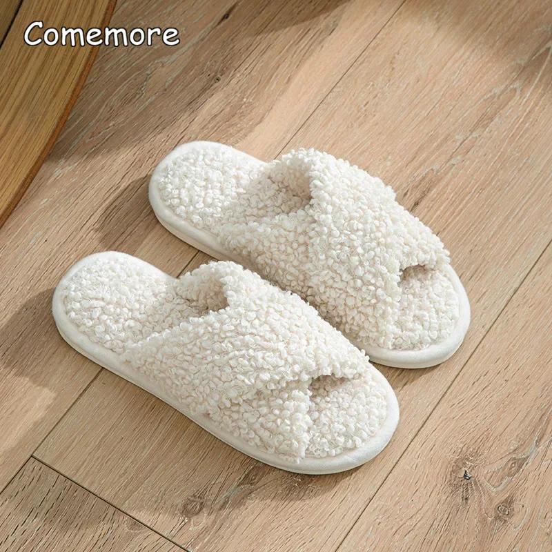Fashion Fashion Cross Strap Fuzzy Slippers Women Indoor House Non Slip Warm Plush Woman Slippers Winter Comfort Soft Sole Cotton Slides