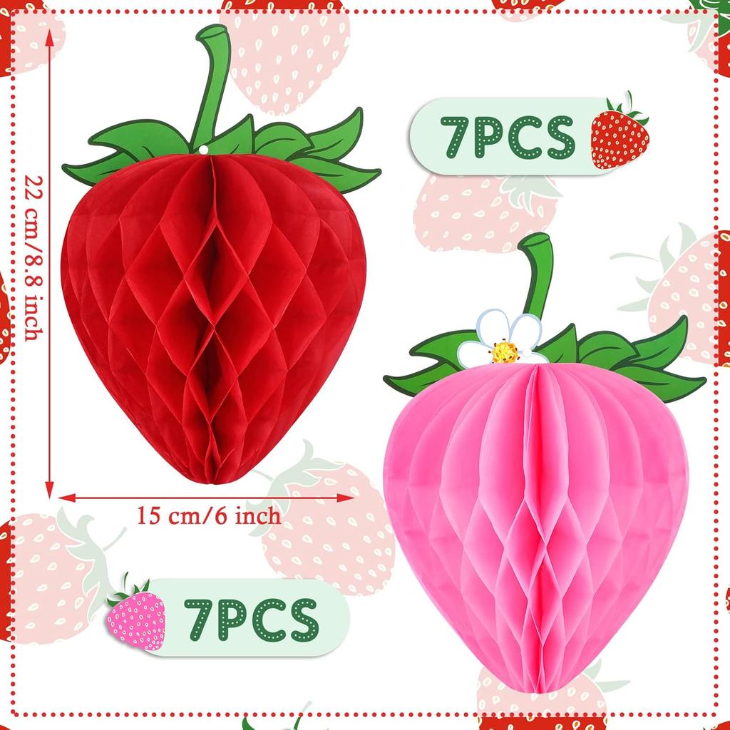 14 Pieces 6 Inches Strawberry Honeycomb Birthday Party Decorations Paper Strawberry Ball Tissue Shortcake Party Decorations for Girls Baby Shower
