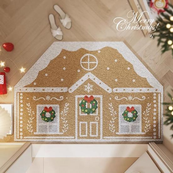 Christmas Entrance Rug Gingerbread House Floor Mat Dirt Scrubber Washable Vintage Holiday Doormat with Non-Slip Backing for Front Door Entryway Porch