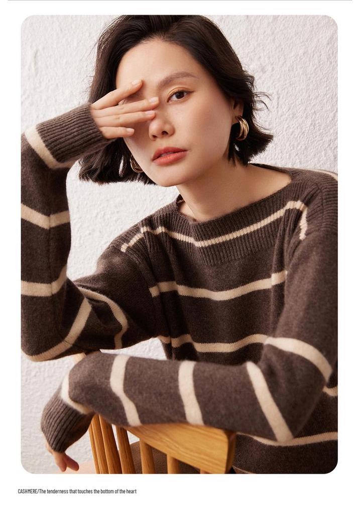 Lekasha Off-the-Shoulder Striped Cashmere Sweater for Women - Autumn/Winter New Arrival
