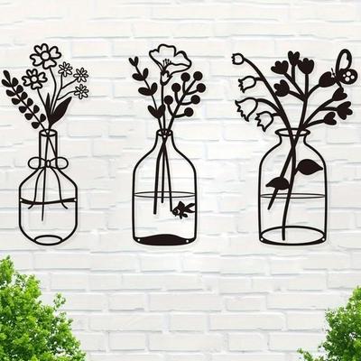 3 Pcs Black Metal Flowers Wall Decor - Metal Vase Wall Art. Hanging Metal Wall Sculptures for Indoor Spaces Like Kitchen