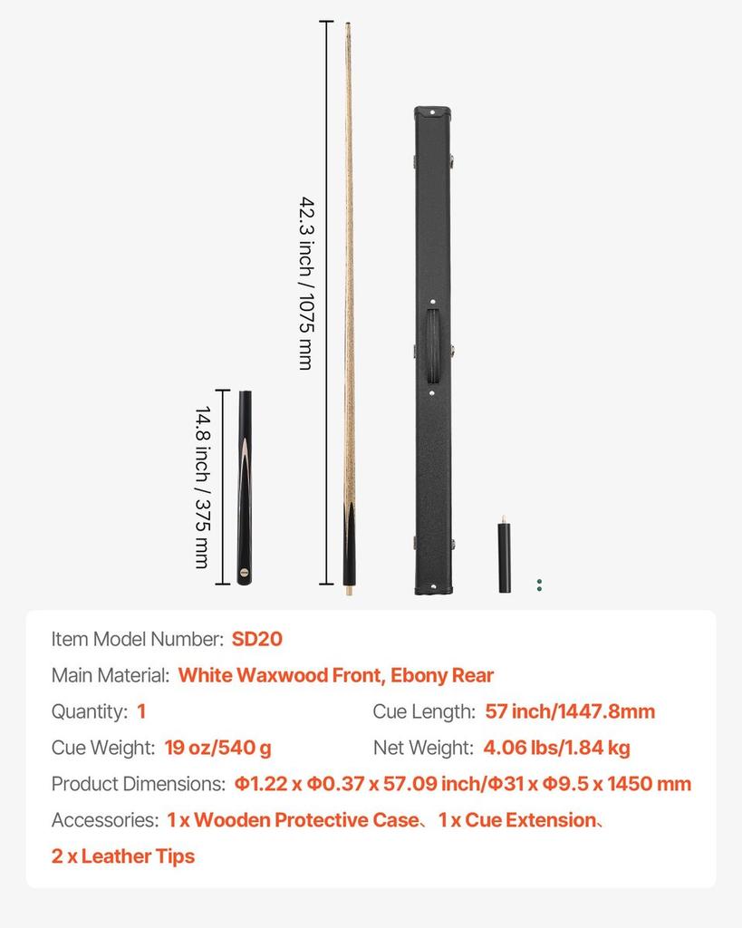 Billardstock, 1447,8mm Gelenk-Snooker Queue, Snooker Queue Stock mit Verlängerungsstange & 9,7mm Leder Spitze, 538g Pool Stock für Professionellen Billardtisch, Bar,