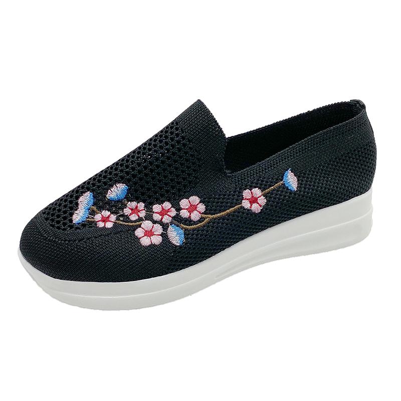 

Большие размеры 43 женские трикотажные вышитые балетки летние дышащие сетчатые кроссовки без застежек женские легкие повседневные туфли лоферы 36 чёрный