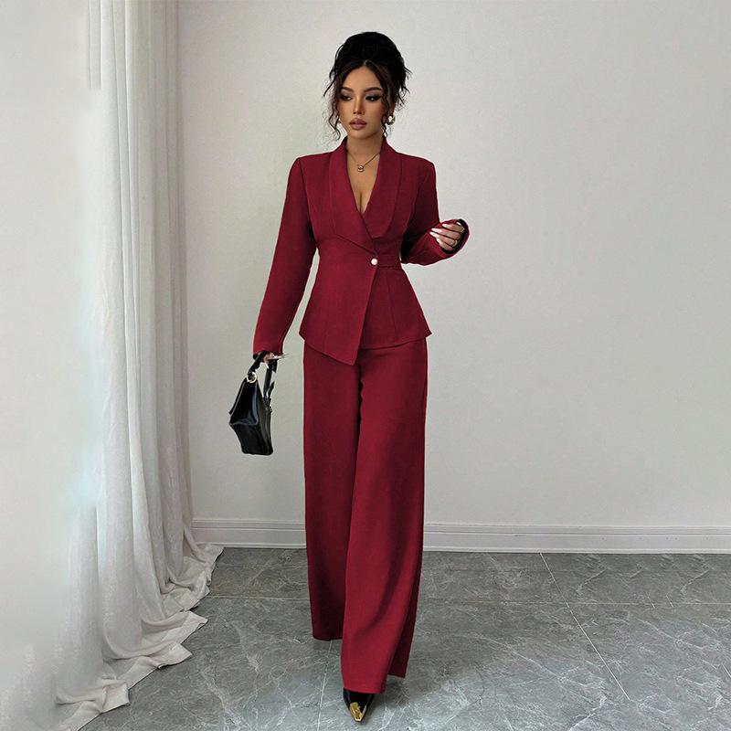 Women's Tailored V-Neck Blazer and Wide Leg Pants Suit Set