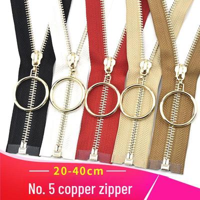 20-40cm Metal Zipper with Large Ring Puller, Female Size 5, Light Gold Tooth - for Bag and Leather Skirt