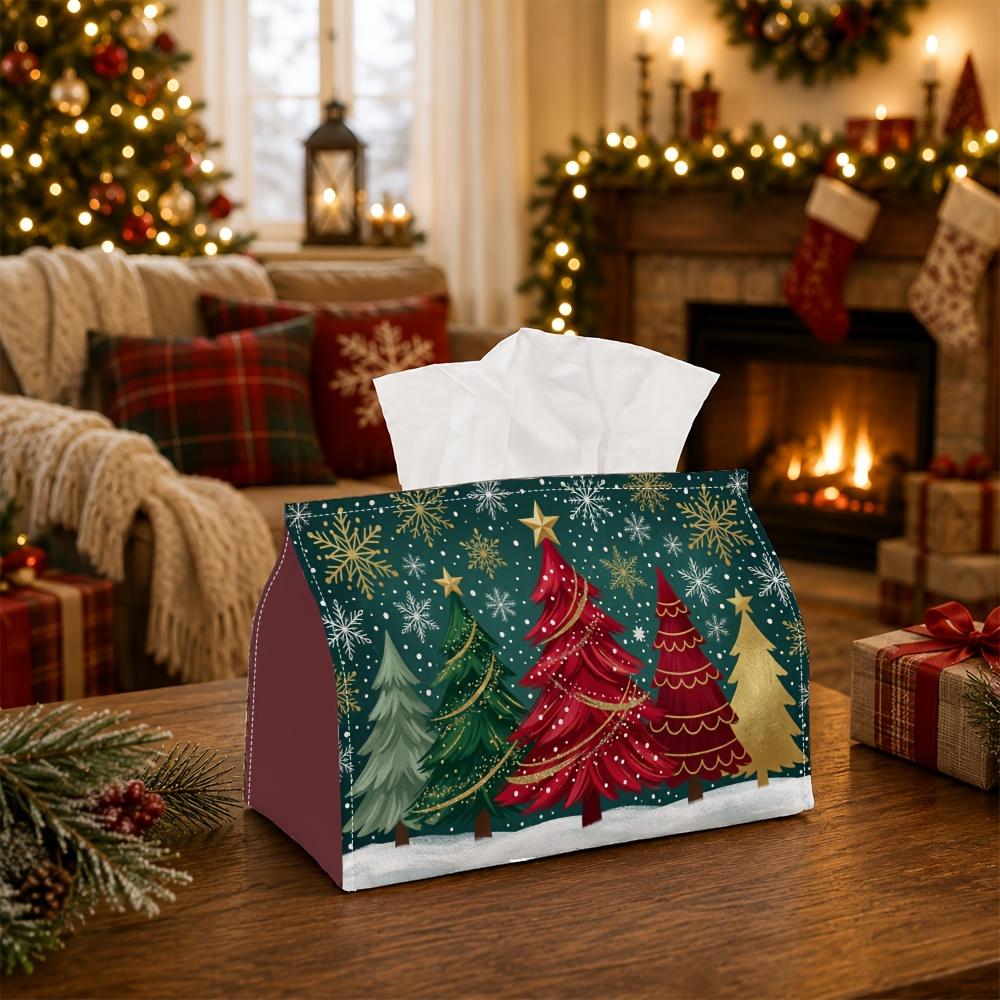 1pc Christmas Party Tissue Box, Classic Winter Night, Multifunctional Tissue Holder, Pine Tree Snowflake Star, Outdoor Picnic Party Supplies, Desktop