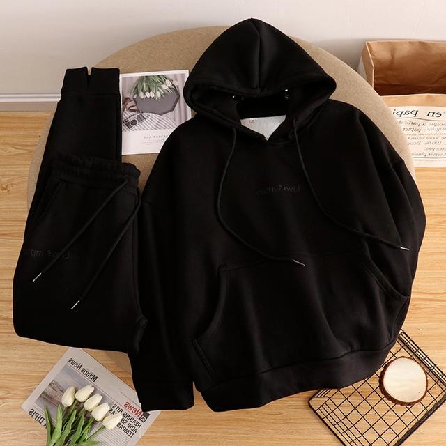 

Толстый флисовый свитшот с капюшоном, женский комплект из 2 предметов, теплый женский спортивный костюм, повседневные брюки-карандаш, брючные костюмы L чёрный