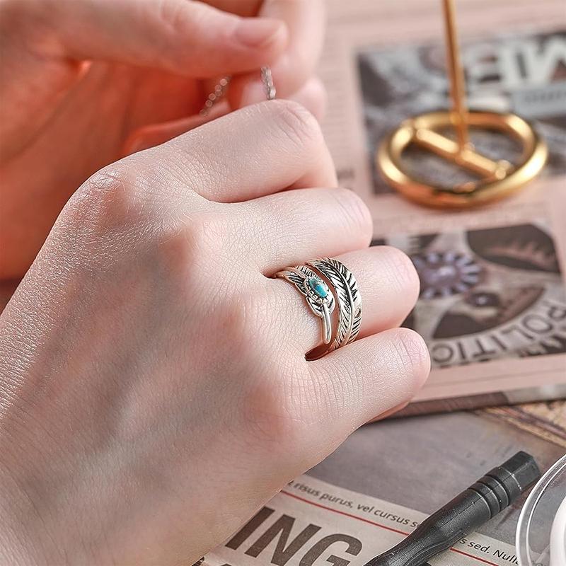 Huitan Personality Feather Shape Opening Rings for Women Anti Silver Color Imitation Turquoise Vintage Female Ring Party Jewelry