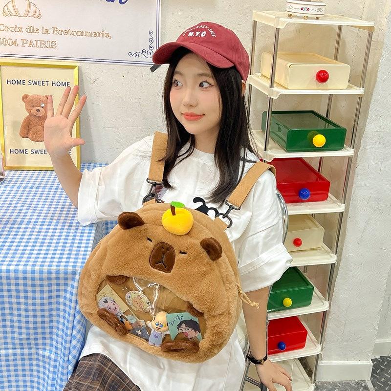 Cute Cartoon Capybara With Transparent Layer Can Hold Badge Plush Backpack