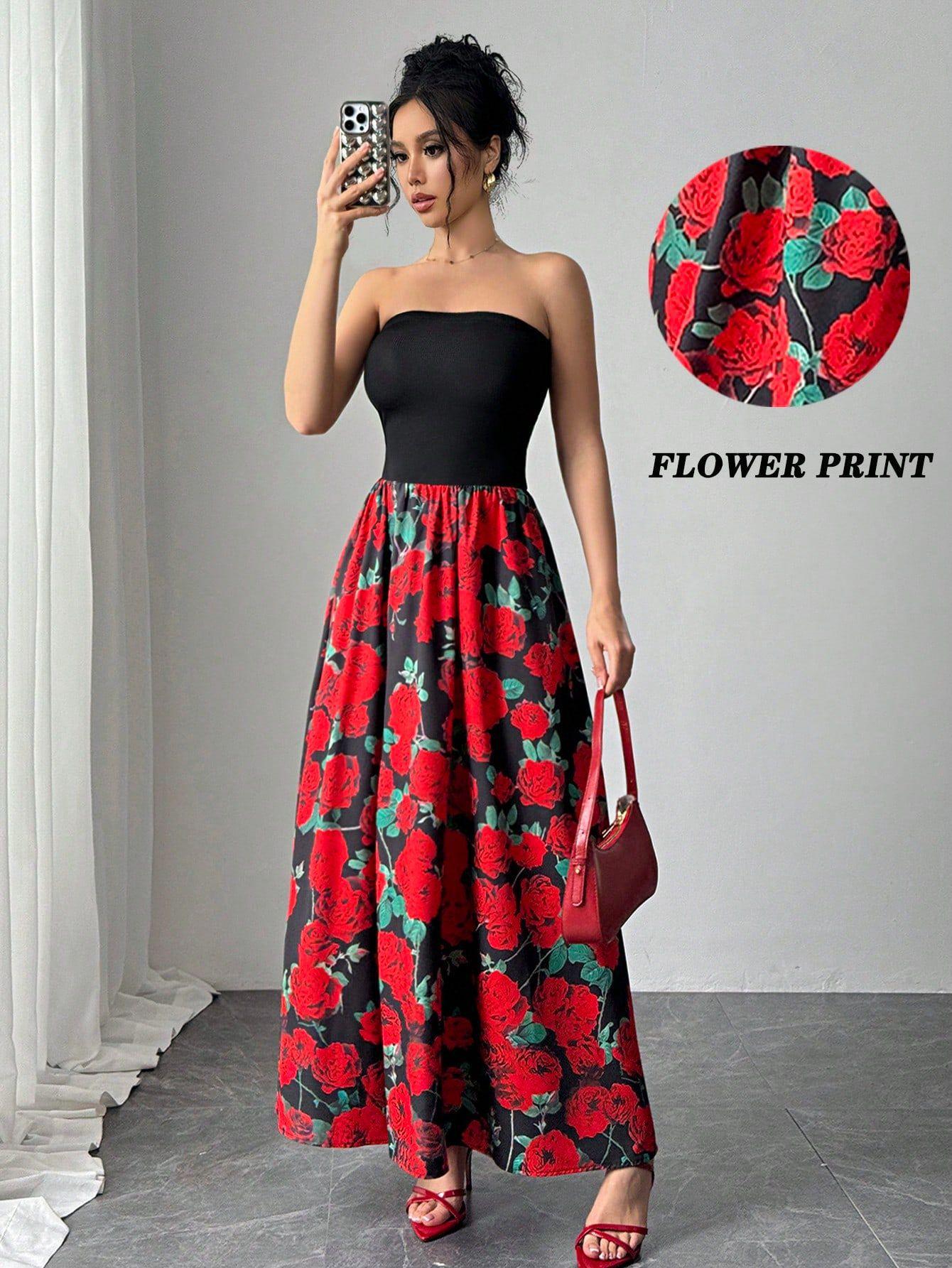 European and American spring and summer new elegant women s rose printing splicing short chest wrapping sexy dress S