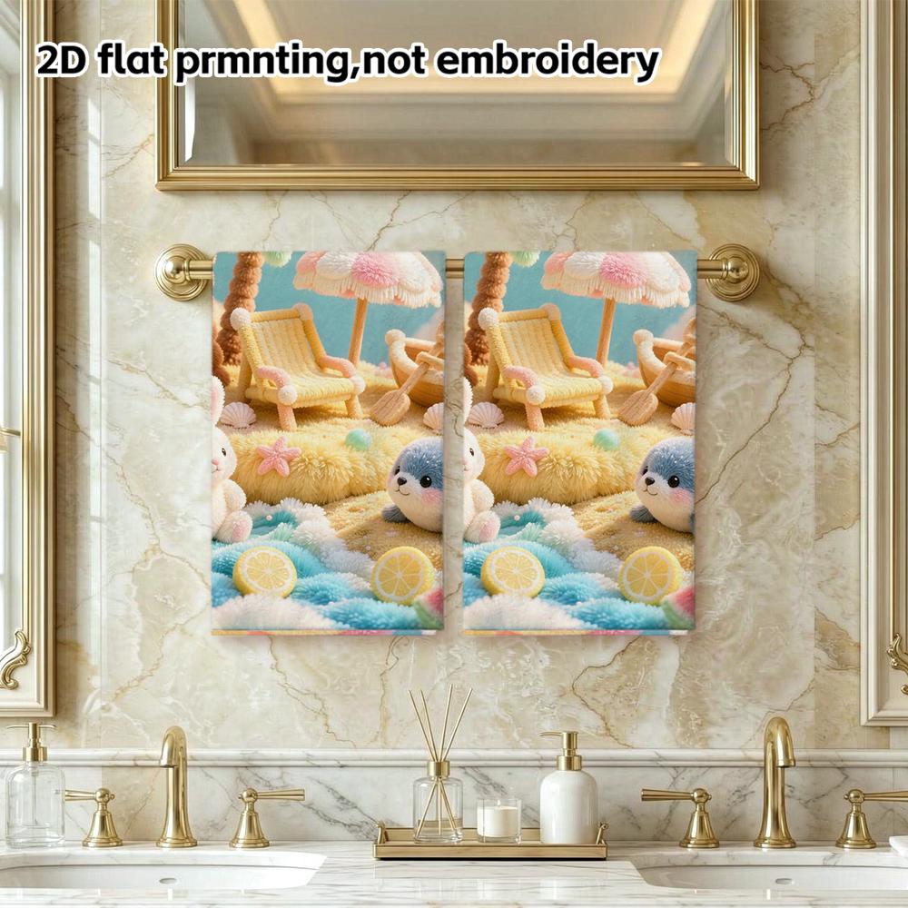 Pastel Beach Bunny Seal Print Towel, Quick Dry Absorbent Bath Towel, Cute Summer Island Animal Hand Towel