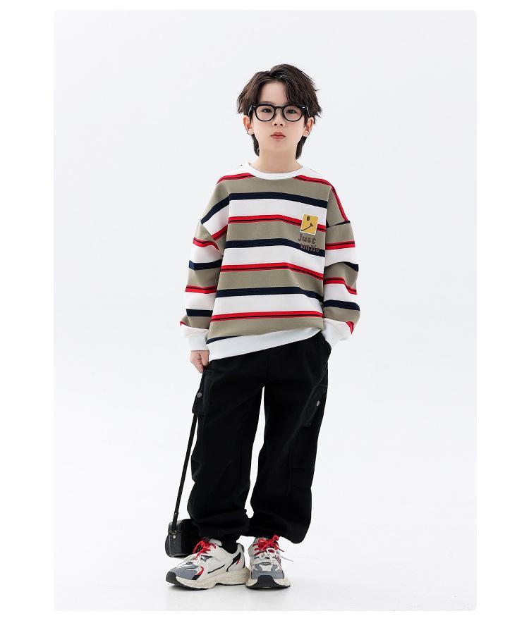 Boys' Fleece-Lined Striped Crewneck Hoodie - 2025 Autumn/Winter, Thick Long-Sleeve, Fashionable for Older Children