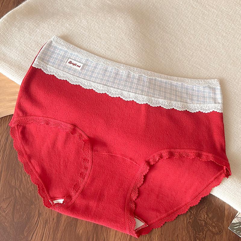 Plus Size Ladies Spring and Autumn Vintage Plaid Bow Lace Cotton Mid Waist Briefs