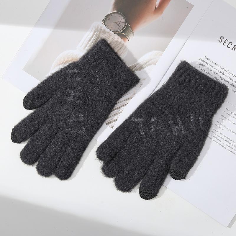 Gants Chauds Homme Hiver Protection Froid Épaissis Couleur Unie Doigt Entier Extérieur Cyclisme Tricot Tactile Cinq Doigts