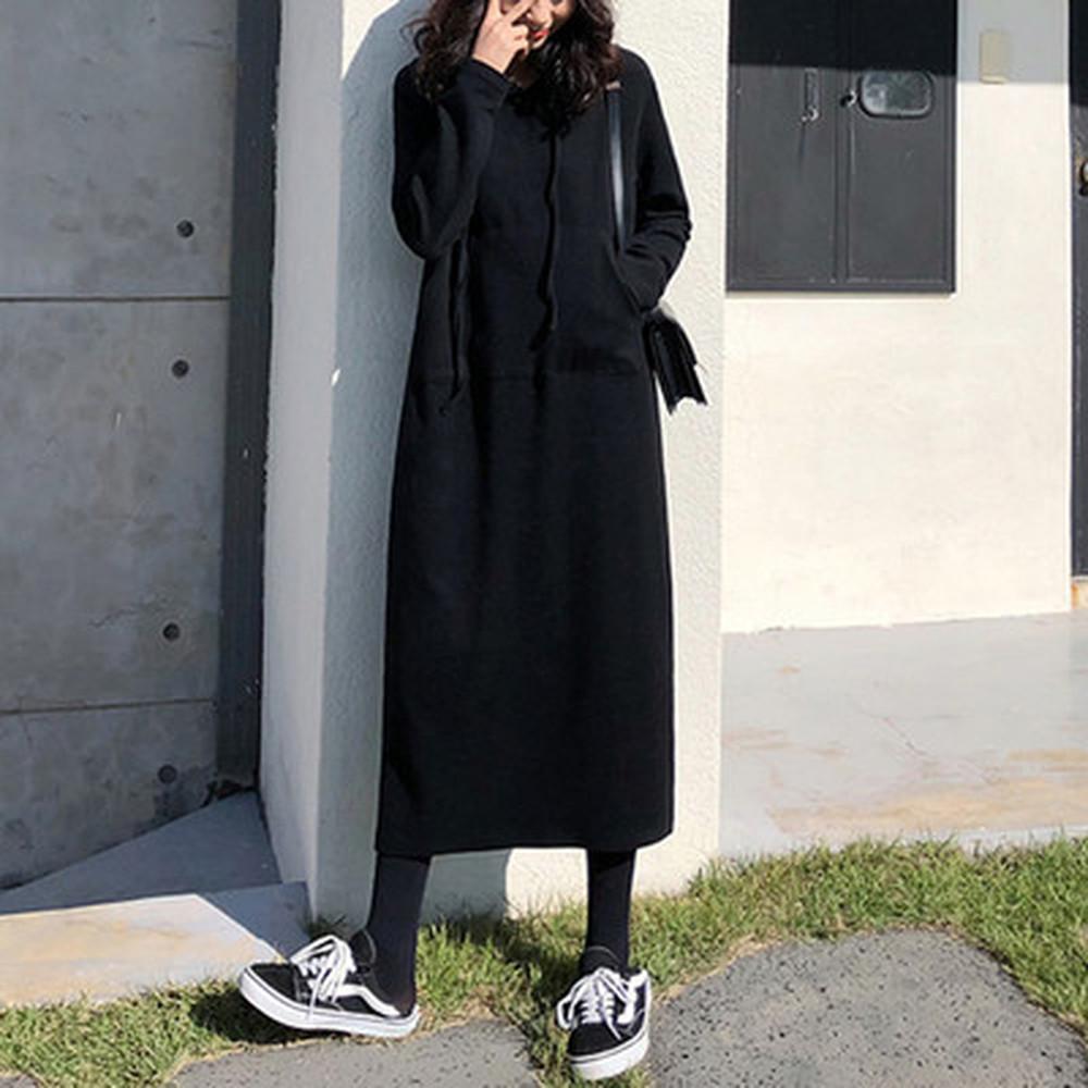 Women Autumn Winter Dress Fashion O-Neck Hoodie Long Sleeve Pure Color Loose Casual Ladies Dress