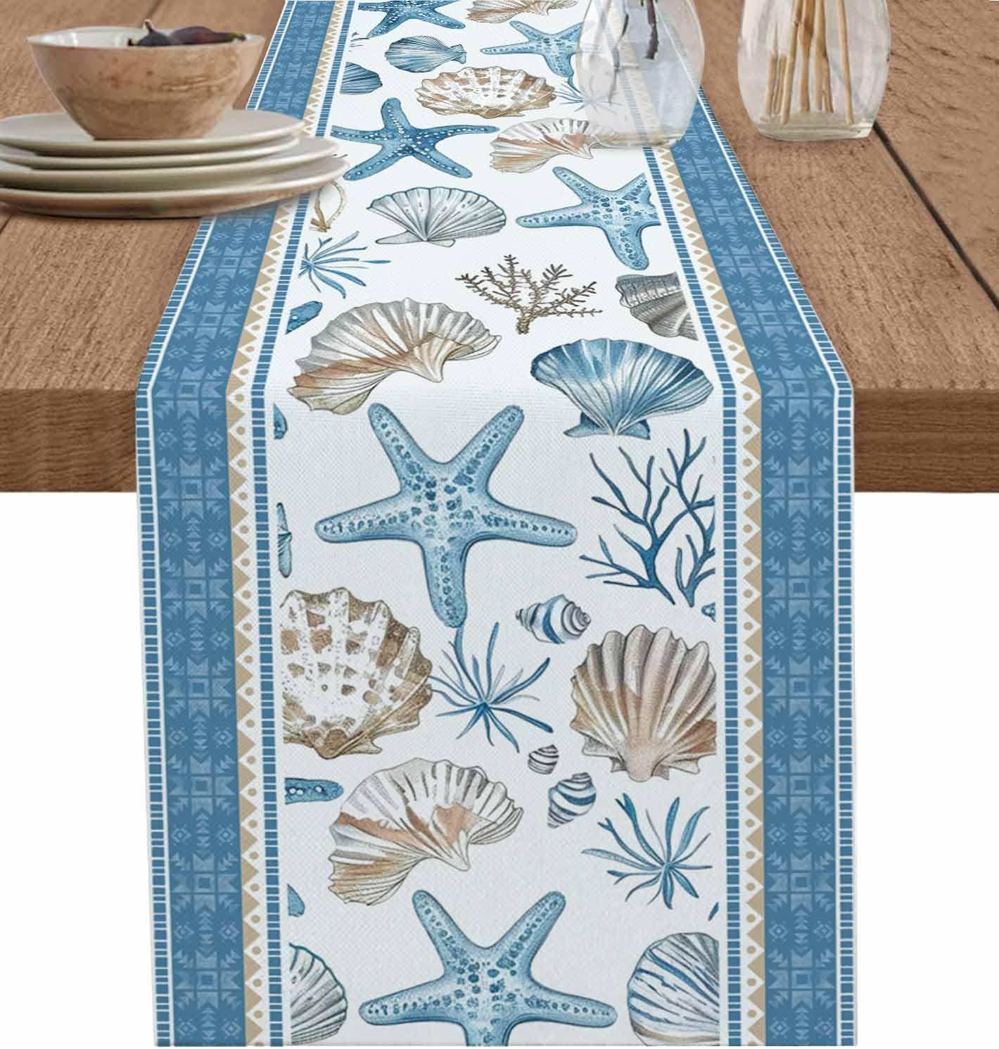 Zomer Oceaan Zeester Schelp Koraal Linnen Tafelkleed Commode Sjaal Decor Boerderij Keuken Eettafelkleed Feestdecoratie 150x33cm