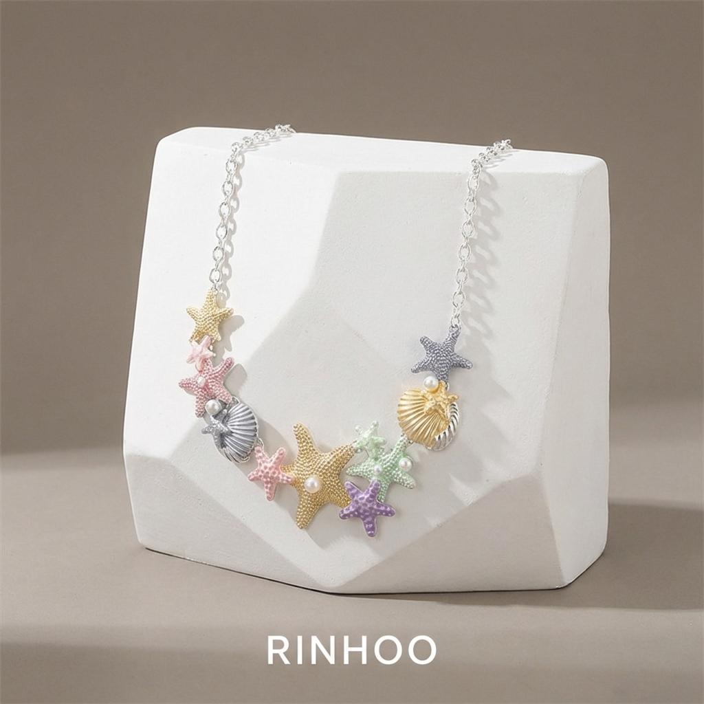 Summer Beach Colorful Vibe Starfish Shell Necklace for Women Imitation Pearl Choker Clavicle Chain Holiday Party Jewelry Gift