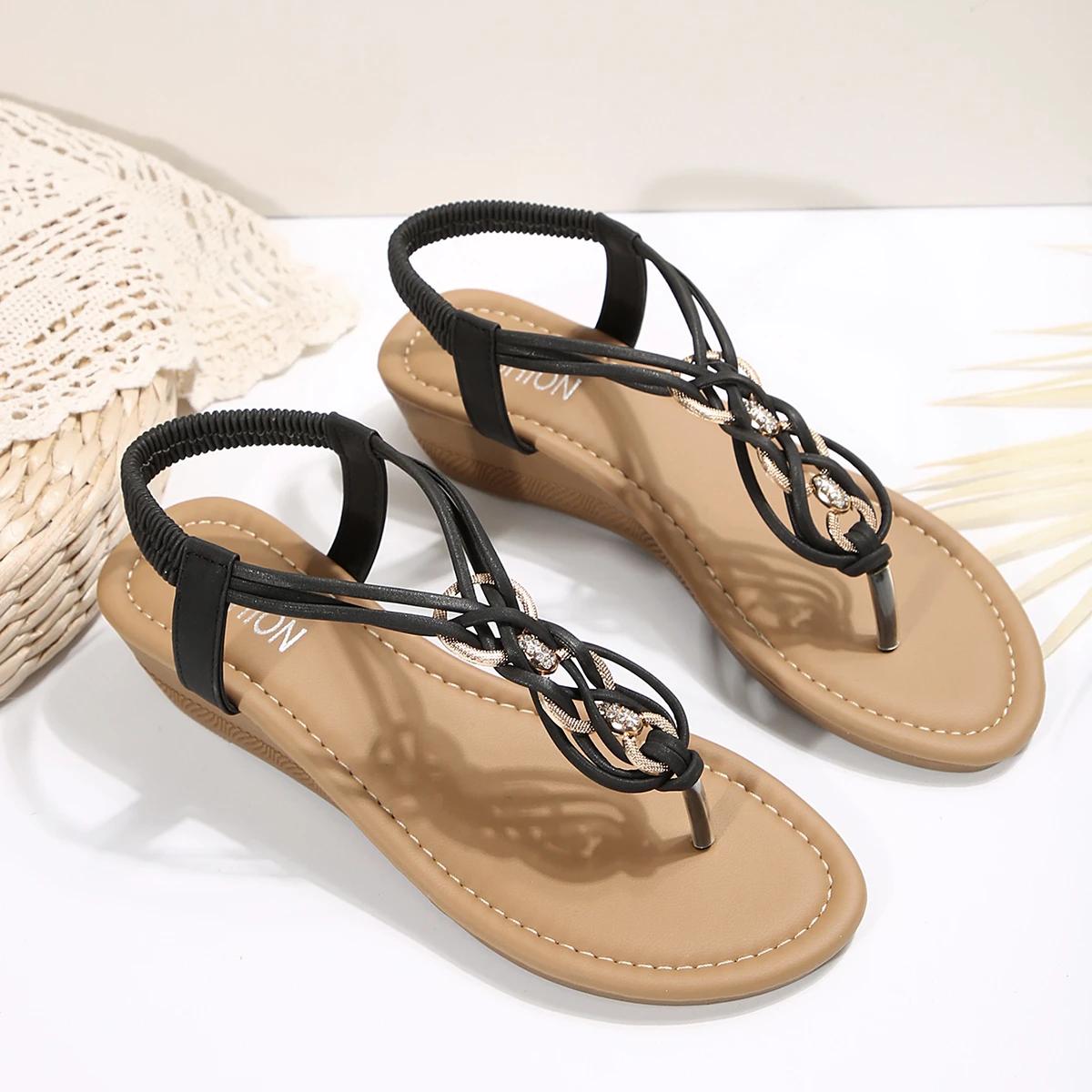 

Casual Clip Toe Women Flat Sandals Crystal Wedges Flip Flops Shoes Woman 2025 Trend Summer Comfort Dress Bohemian Slides Mujer 36