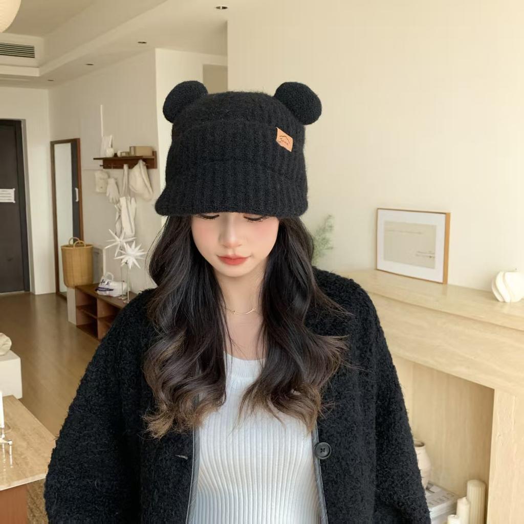 Autumn and winter new cute bear round ears wool hat women's headband hat showing a small face warm ear protection knitted hat