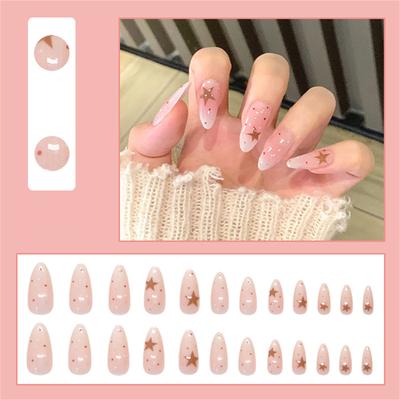 24 Pcs Press On Nail with Star Polkas Dots Designs Sweet False Nail Acrylic Nail Long Almond Full Cover Stick On Nail