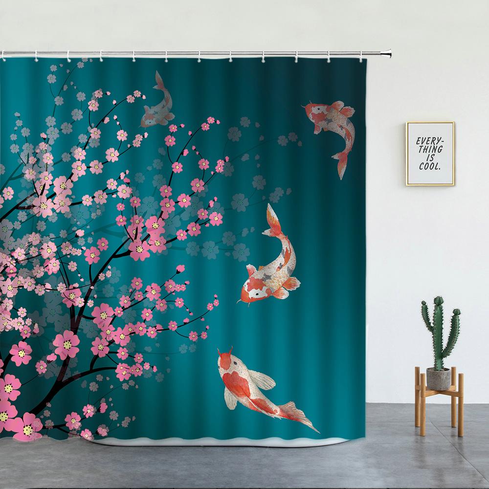 

Japanese Scenery Shower Curtains Koi Carp Fish And Cherry Blossom For Bathroom Decor Set Washable Fabric Bath Screen With Hooks W60H190(CM)-1 Pcs