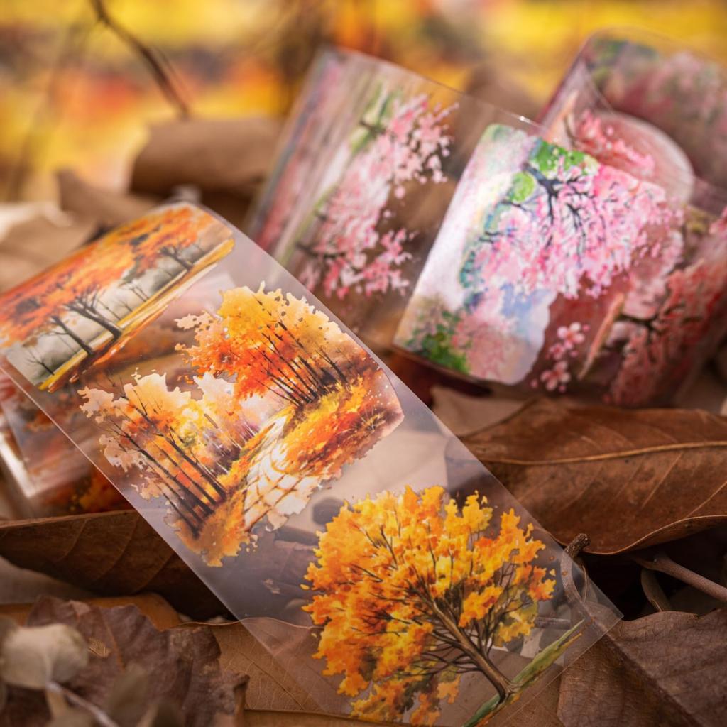 Kigofora Stromová koláž 4 Sezónní Vločkový Les 60 mm Široký x 2 m Průsvitný PET DIY Plánovač Promoce Narozeniny Ozdobit Nové Vodní Scenérie Samolepky,