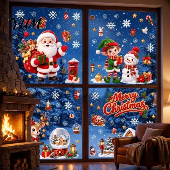 Outdoor Festive Glass Decorations Christmas Window Cling, PVC Waterproof Santa Claus/ Elf Snowman/Elk/House Stickers, Reusable Seasonal Home Ornaments