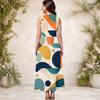 Women Plus Size Round Neck Sleeveless Blue Yellow Geometric Printed A Line Long Dress With Side Pockets