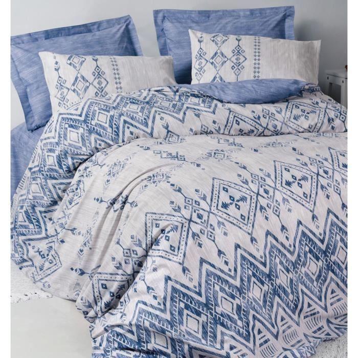 Parure de lit - 1 housse de couette 220 x 240 cm + 2 taies d'oreiller 60 x 60 cm - 100% coton renforcé - Bleu