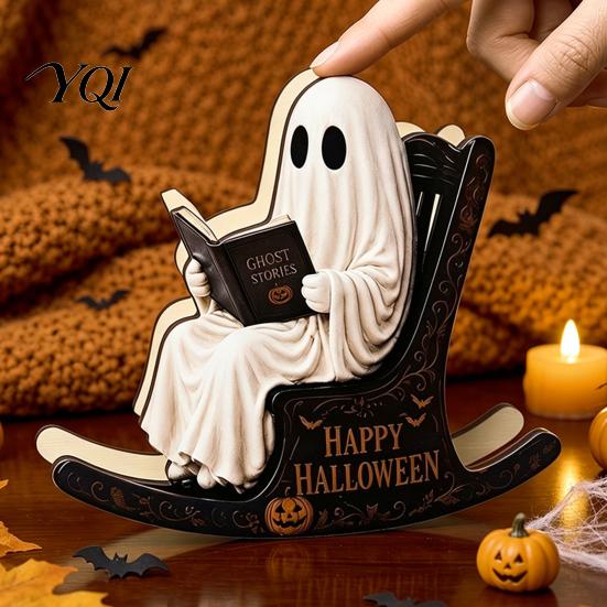 Spooky Bookshelf Ornament Halloween Rocking Chair Ghost/Skeleton Ornament, Wooden Desktop Decoration, Dynamic Skeleton Reader Decor Ghost Figurine for
