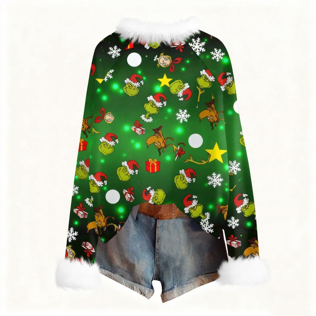 Women's Fashionable Christmas Printed Round Neck Long Sleeved Casual Pullover T-shirt Top