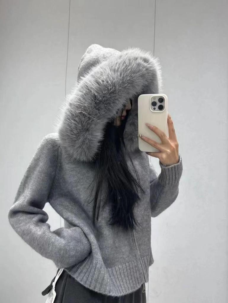 Autumn/Winter Hooded Knitted Cardigan with Faux Fox Fur Collar for Women