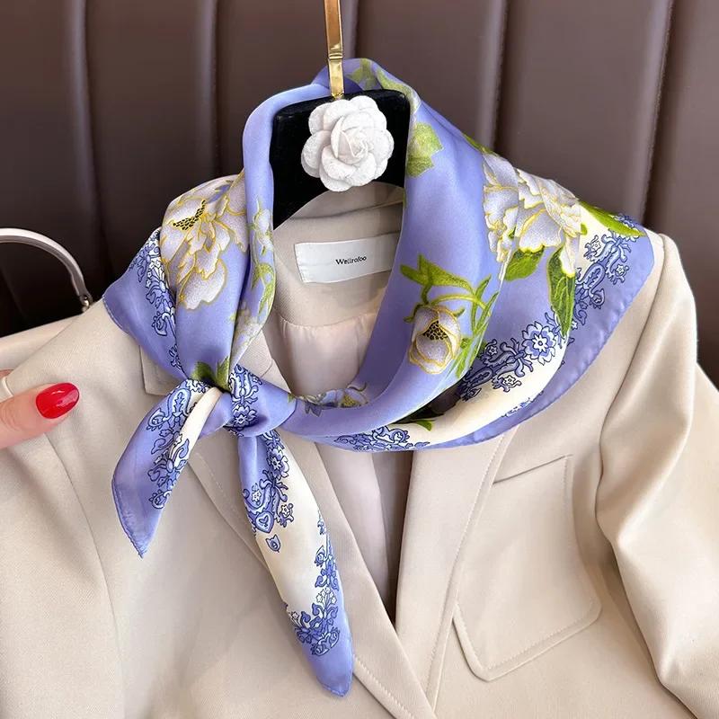 New Purple Luxury Floral Print Silk Square Scarf Women Soft Satin Hairband Hands Bag Ribbons Foulard Neckerchief Headband Hijab