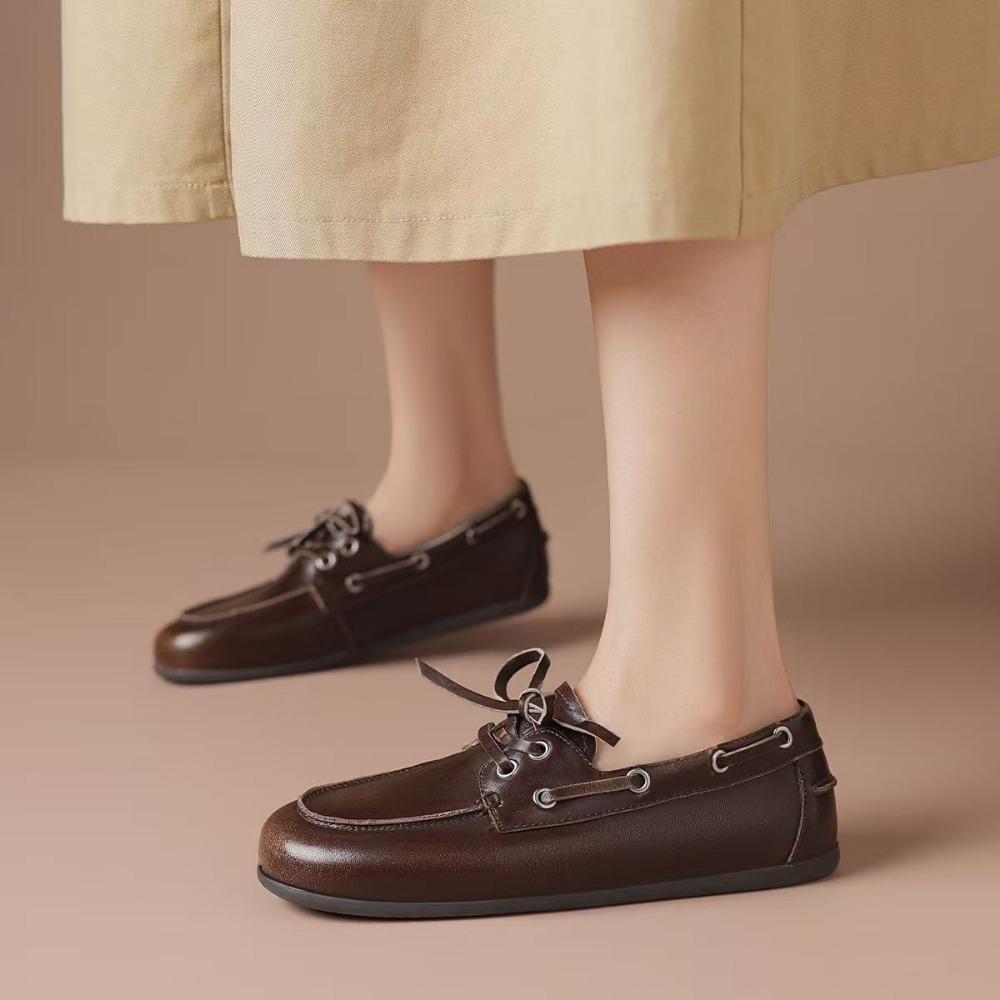 Leather Shoes for Women  Spring and Autumn Sheepskin Worn Dirty Tied Soft Soled Loafer Shoes Retro One Foot Women's Shoe