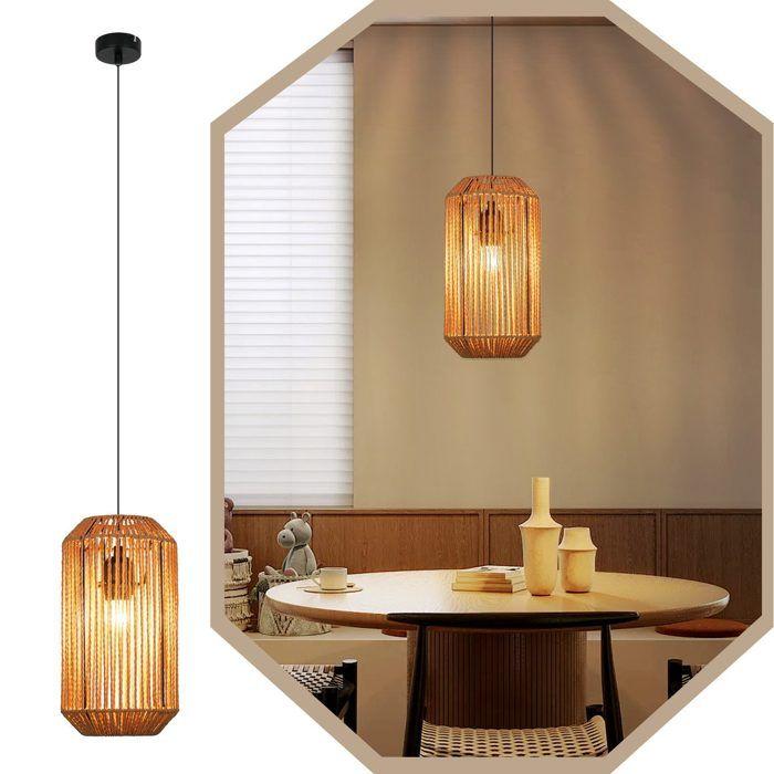 Lampe suspension rotin naturel NETTLIFE 1 lumière, Design bohème chic métal noir, Long, Luminaire E27 pour salle à manger salon