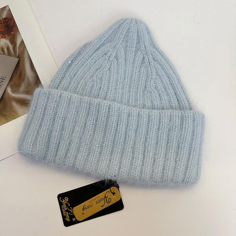 Lazy Wind Solid Color Sequined Knitted Pullover Hat Female Sweet Autumn and Winter Thickened Warm Wool Hat Headgear Tide