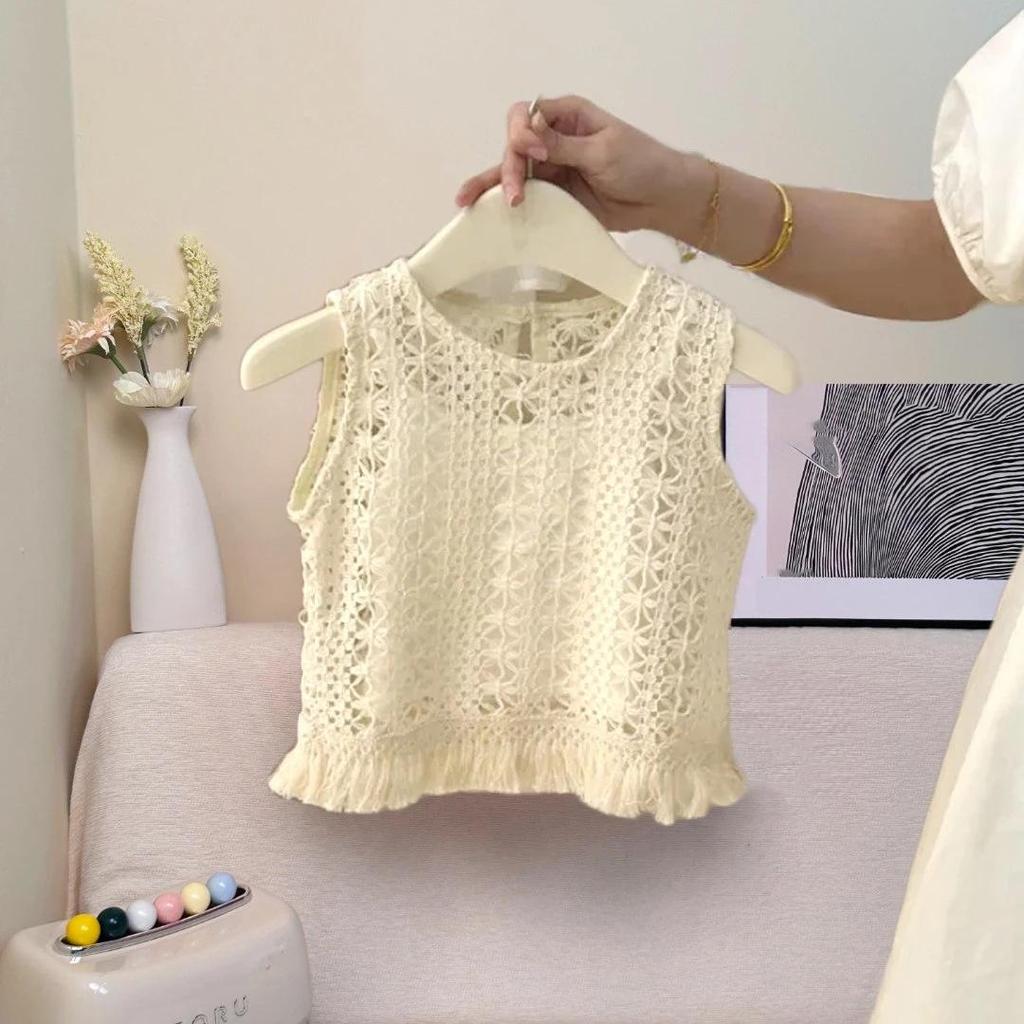 2024 Girls' Summer Korean-Style Two-Piece: Hollow Vest Top & Denim Shorts