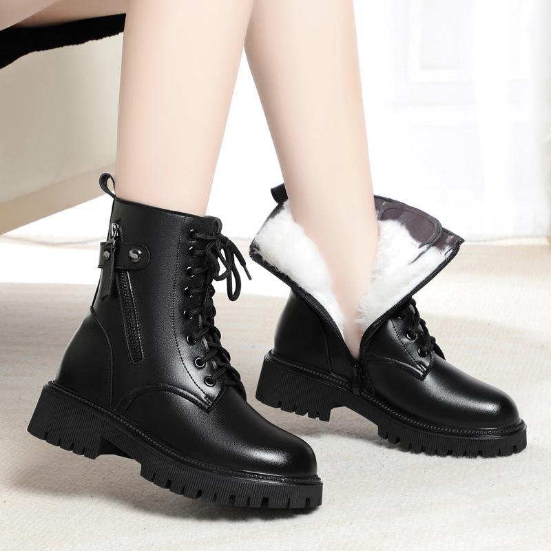 Female Ladies Women Genuine Leather Ankle Boots Wool Snow Boots Platform Autumn Winter Plush Fur Warm Shoes Size Lace Up 35-43