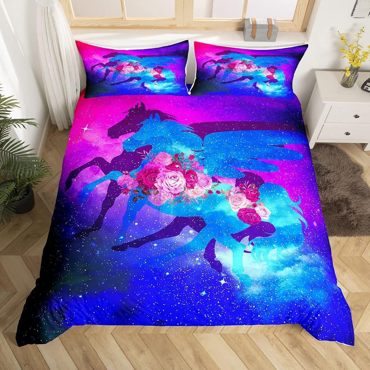 

Мультяшный Каваи Единорог Комплект Пододеяльника Девичий Фэнтези Звезда Луна Галактика Комплект Постельного Белья Твин Кинг Микрофибра Листья Покрывало EU single(135x200cm)