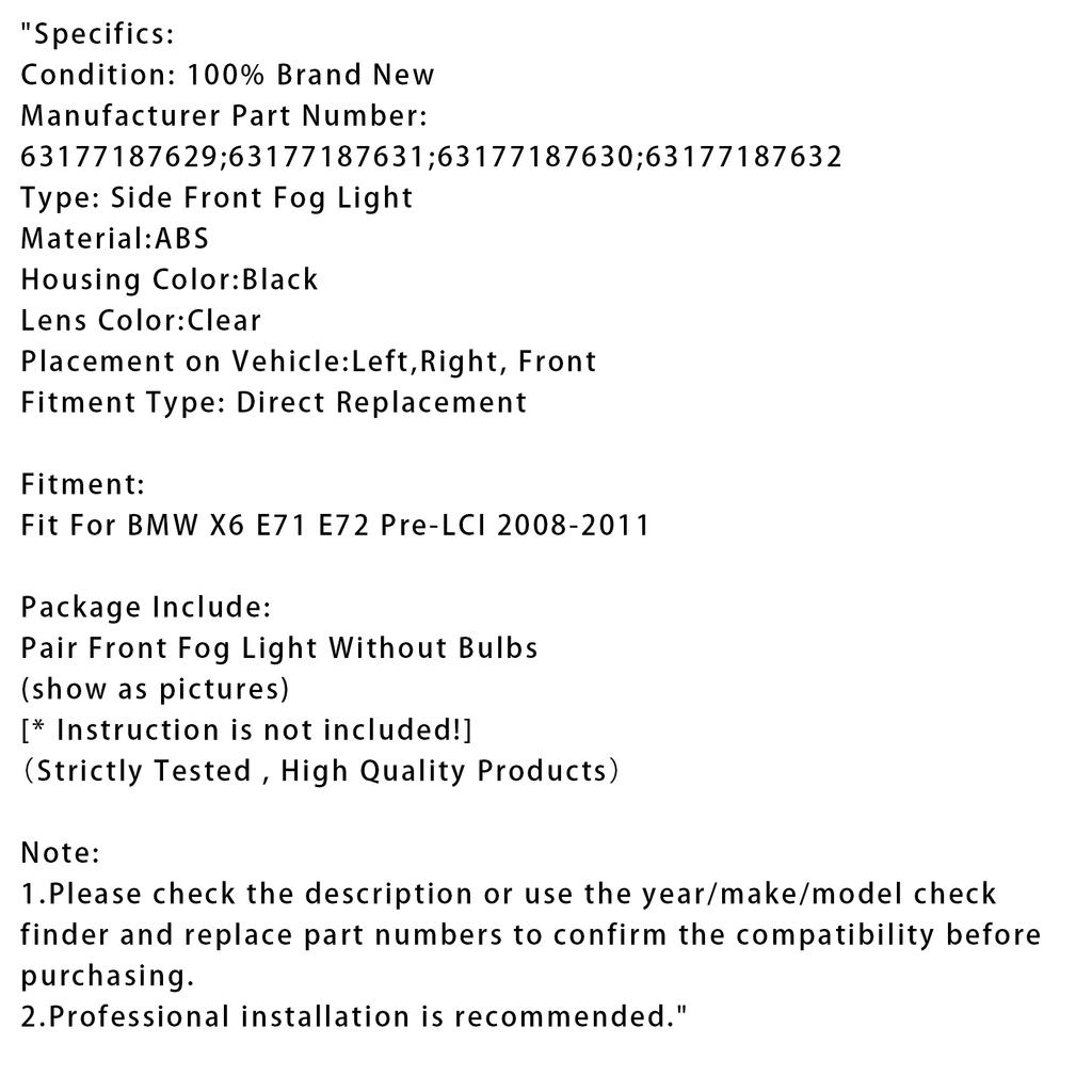 Front Fog Light Lamps Without Bulbs For BMW X6 E71 E72 08-11 63177187631