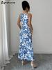 French Vintage Blue and White Porcelain Style Strapless Dress for Women Summer Slim Fit Long Beach Cover-Up Maxi Skirt